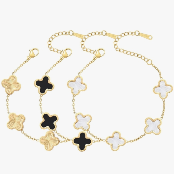 AIPPK 18K Gold Plated Clover Bracelet Set Gold/White/Black - Picture 1 of 7
